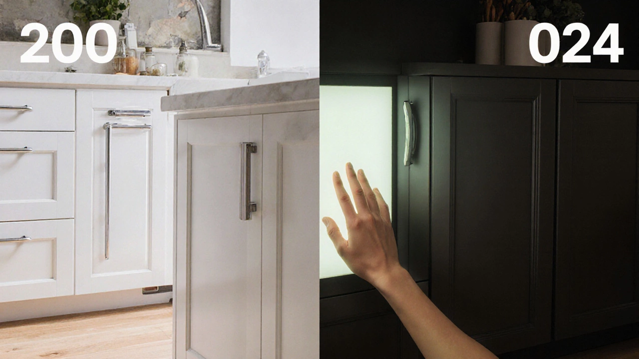 Эволюция кухонных шкафов: от глянцевых 2010-х к современным матовым с интеграцией технологий.