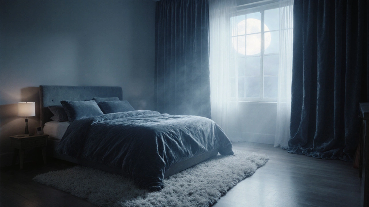 Кровать отодвинута от окна, плотные шторы блокируют холод, ковёр под ней создаёт уют.