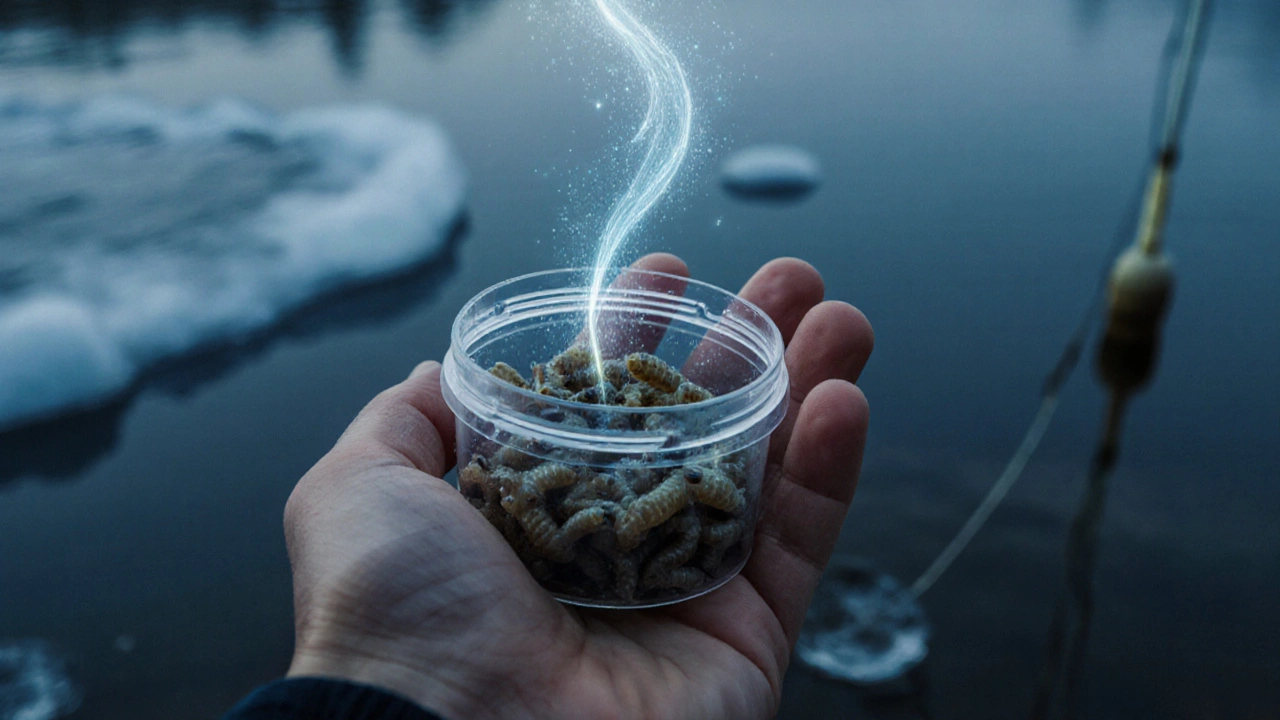 Рука с живой наживкой на фоне замерзшей реки, видимые следы запаха.