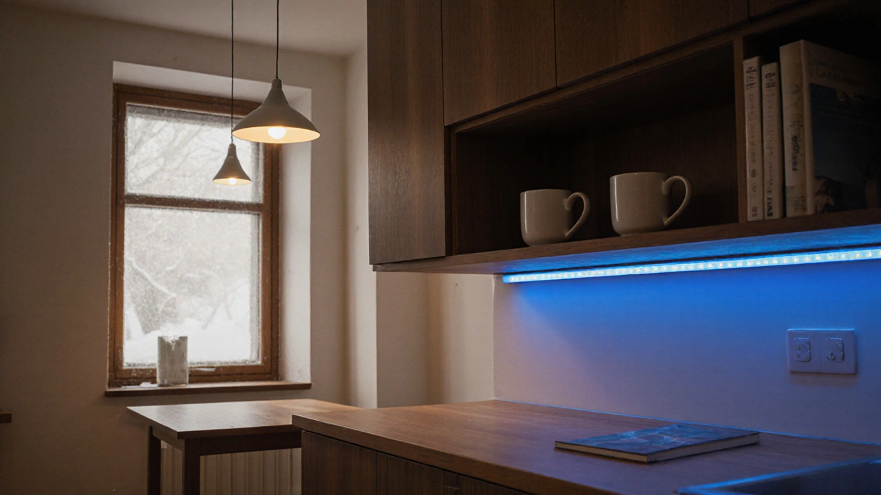 Слоистое освещение на кухне: потолочный свет, подвесная лампа и светодиодная подсветка под шкафами.