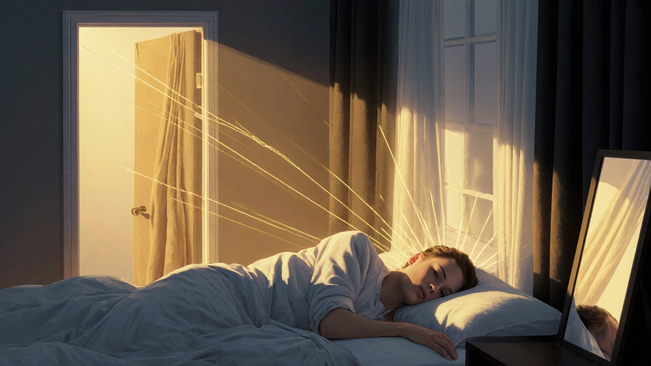 Спящий человек, вокруг кровати — защитные барьеры: занавеска на двери, покрытое зеркало, плотные шторы на окне.