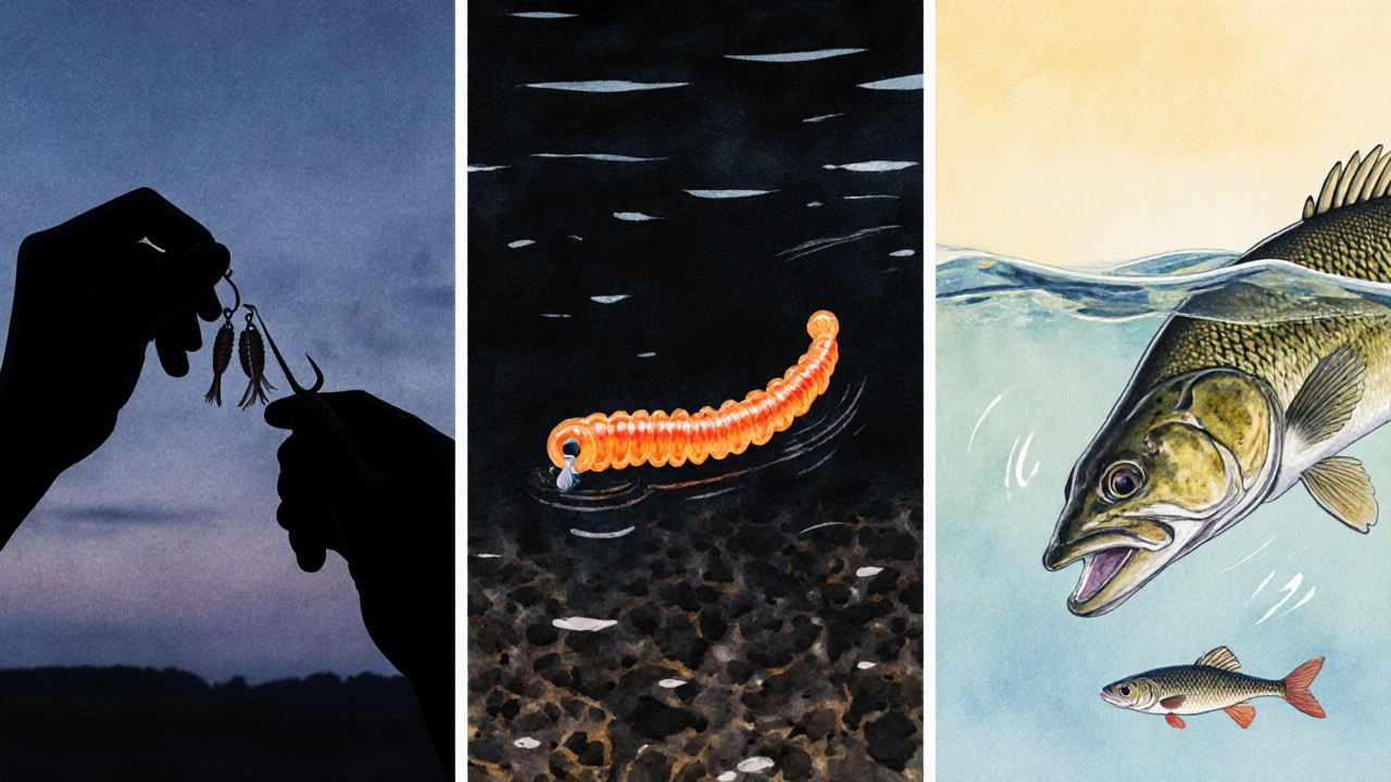 Три способа насадки: мотыль, силиконовый червяк и живец в естественной среде.