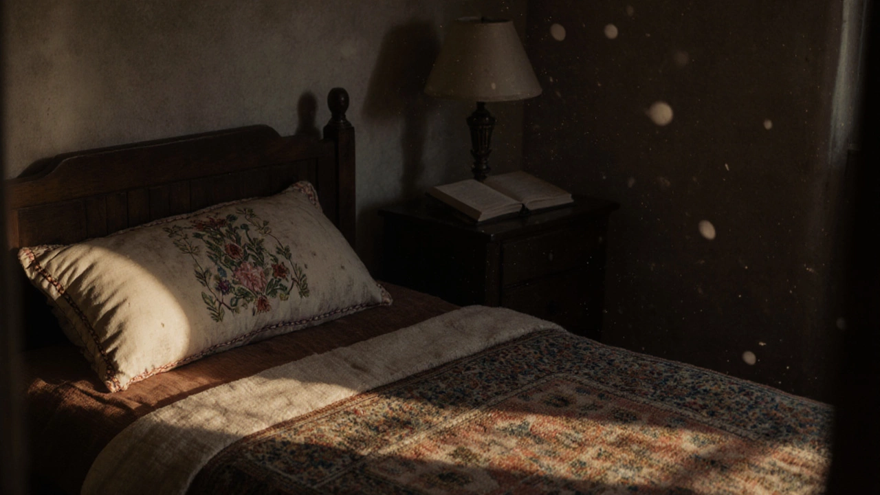 Угол спальни с ковром, шитой подушкой и книгой на тумбочке, освещённый лучом вечернего солнца.