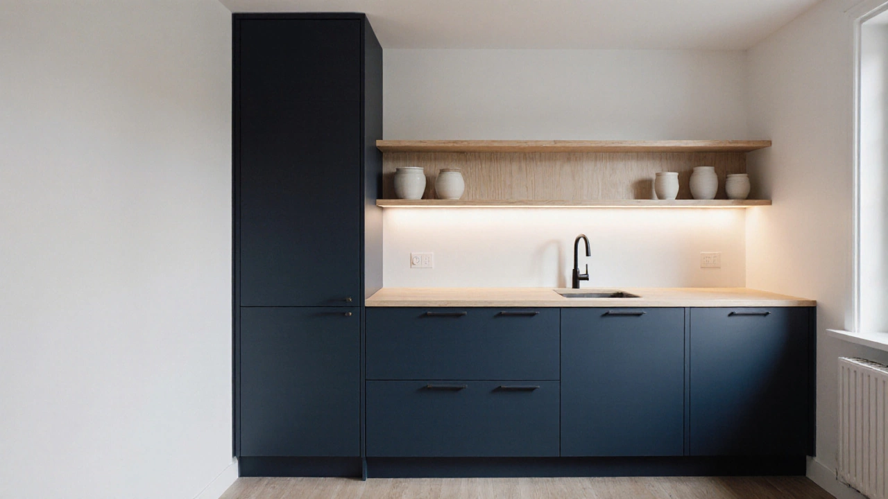 Высокие шкафы в маленькой кухне: темные снизу, светлые деревянные сверху, без ручек.