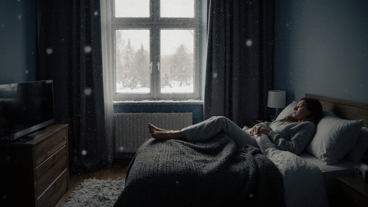 Женщина спит в спальне, ноги обращены к утеплённой стене, окно закрыто тёплыми шторами, на полу коврик.