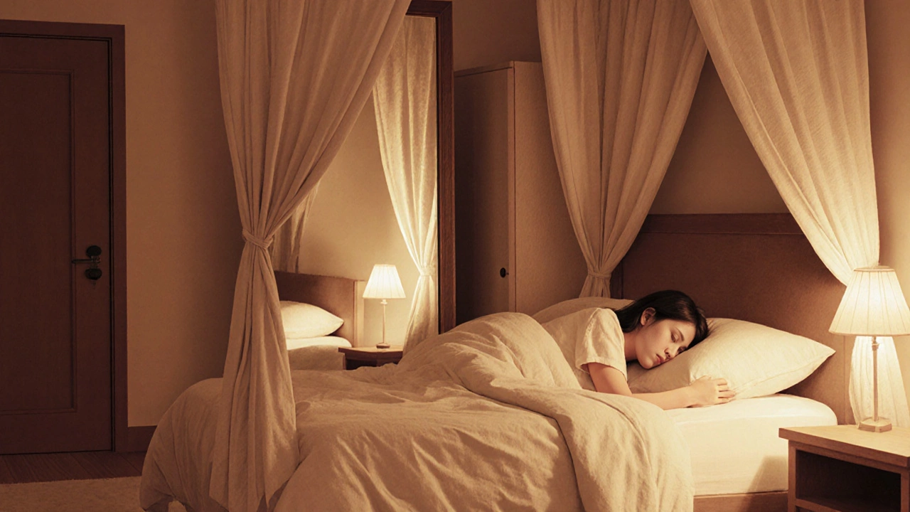 Зеркало закрыто тканью, за головой — шкаф, дверь не видна с кровати — ощущение безопасности.