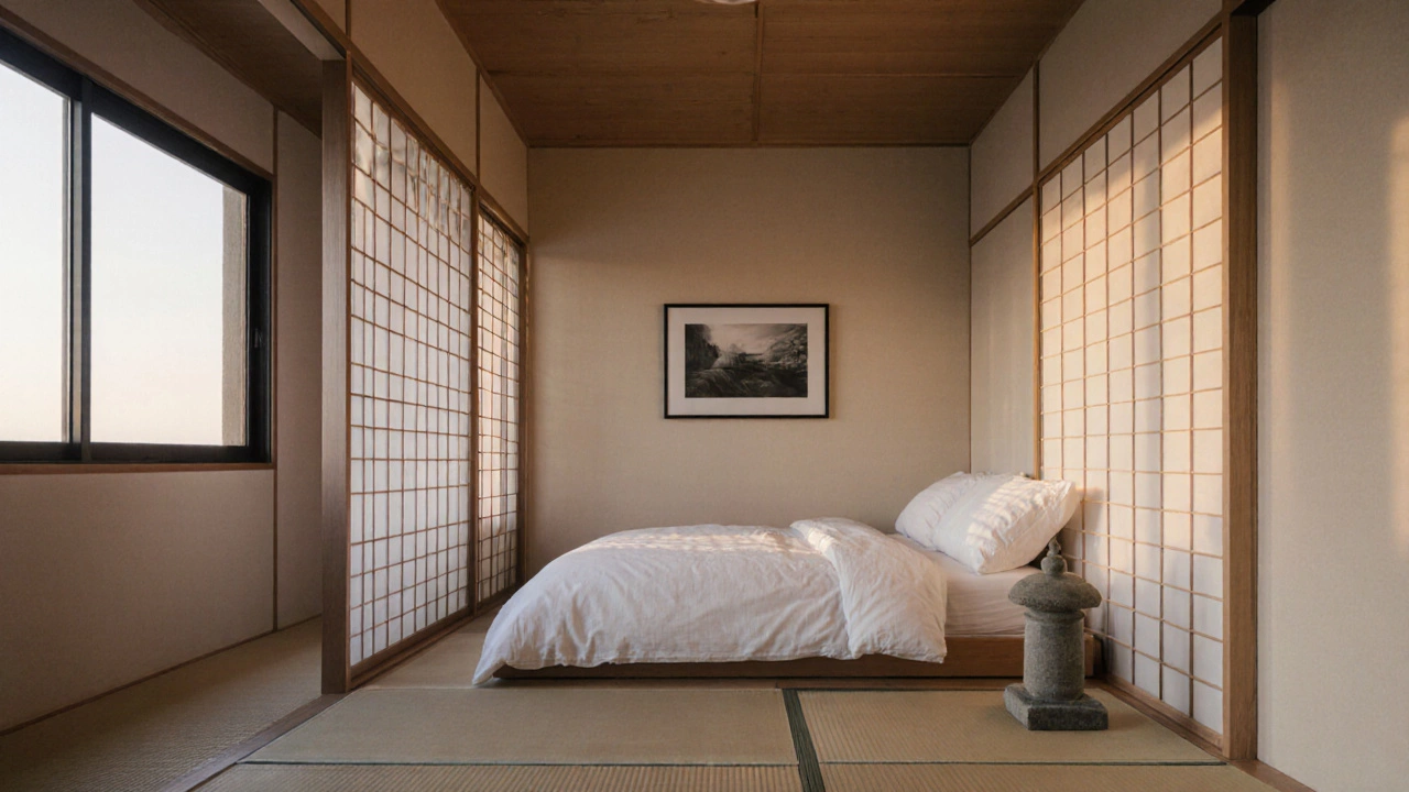 Японский минимализм: низкая кровать, шторы-сёдзи и один светильник в утреннем свете.