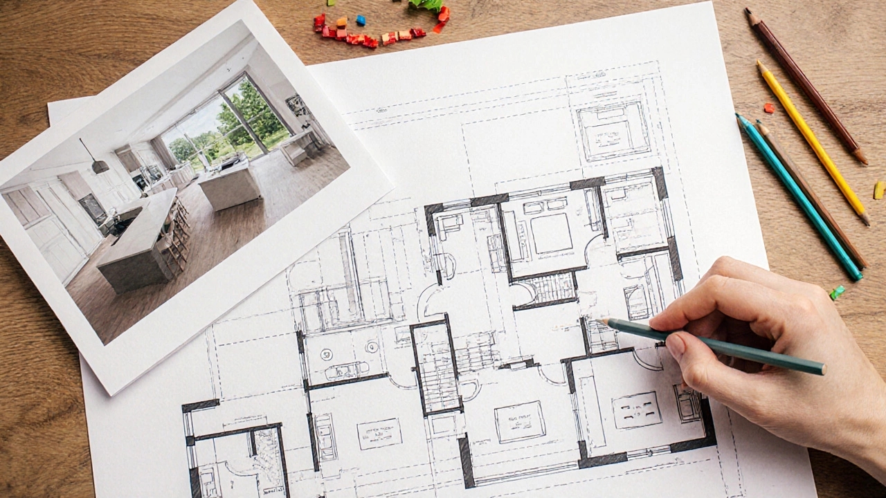 Архитектурный план и 3D-визуализация кухни с детализированными схемами проводки и хранения.