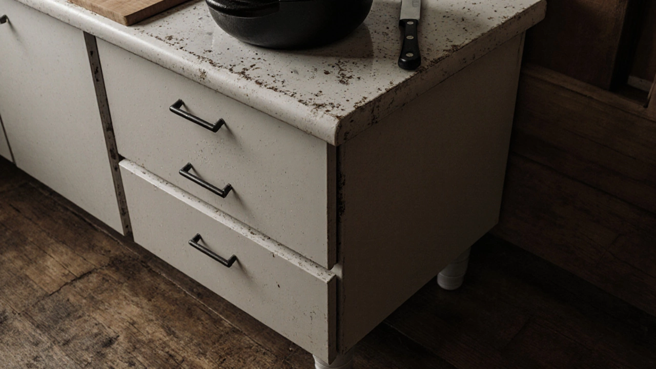 Деталь кухонного шкафа с регулируемыми ножками и прочной кромкой на столешнице.