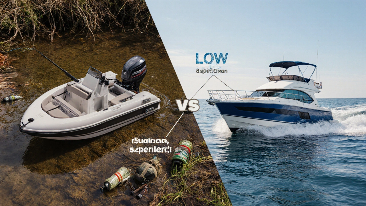 Диаграмма-сравнение: лодка на мелководье и катер на волне — разница в скорости и назначении.