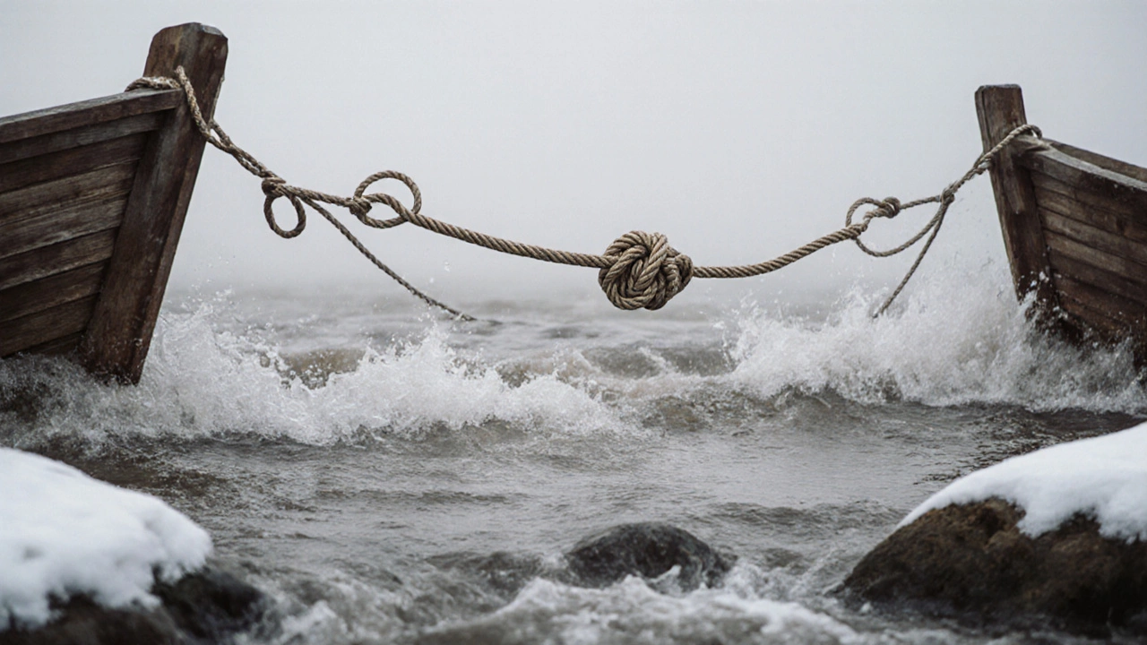 Двойной булинь крепит лодку к буксировщику на быстрой реке во время паводка.