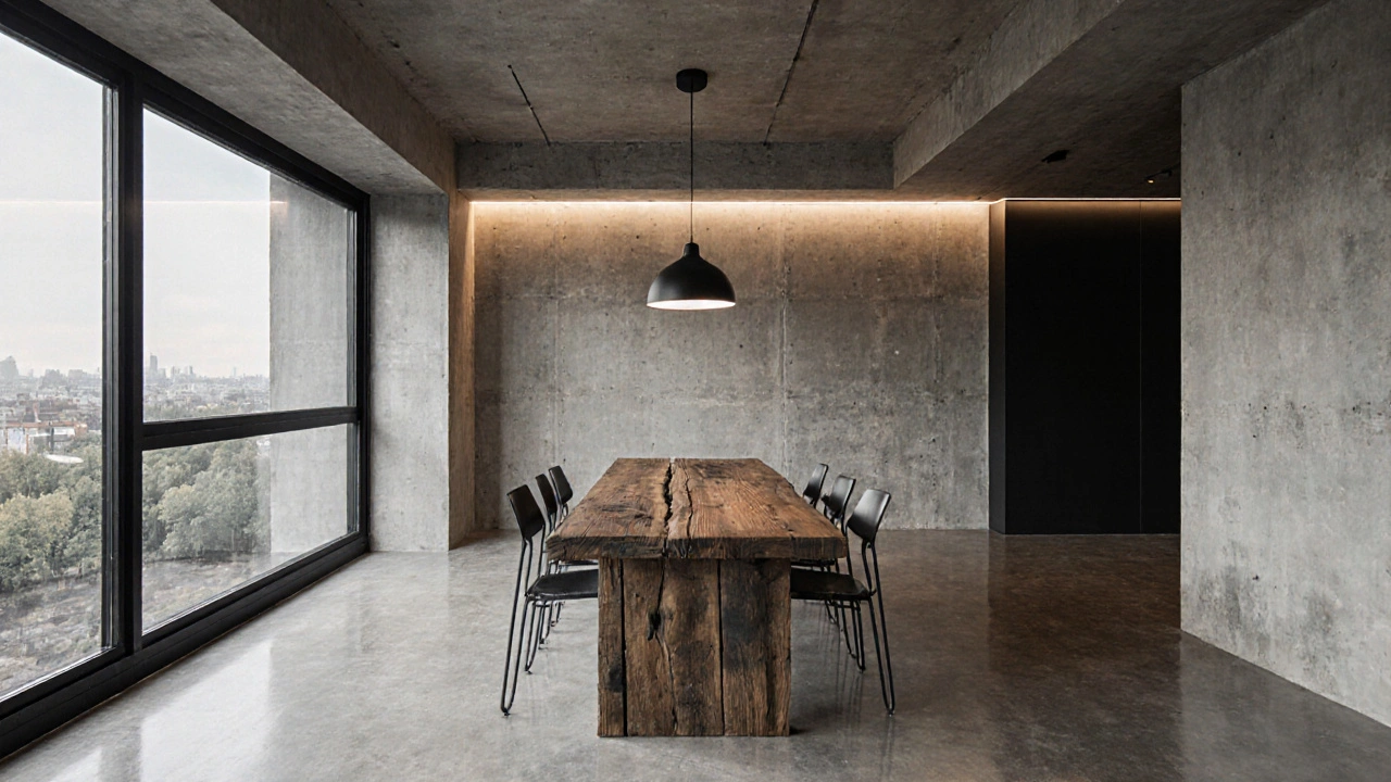 Индустриальный стиль с бетонными стенами, деревянным столом и скрытой подсветкой в городской квартире.