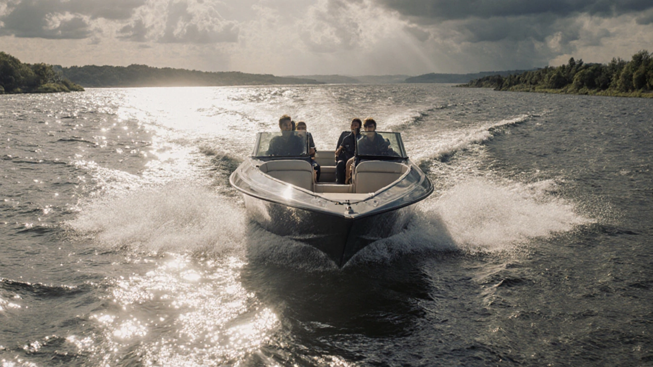 Катер с кабиной разрезает волны на широкой реке под солнечным светом.