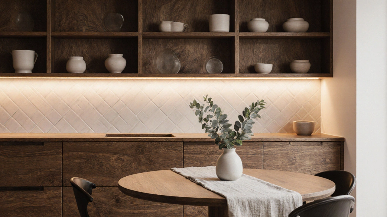 Кухня с массивной деревянной столешницей, керамикой ручной работы и мягким подсветом под шкафами.