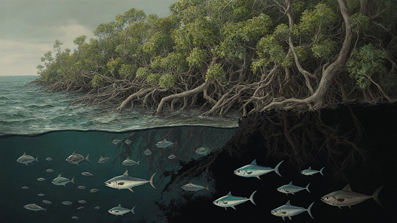 Мангровый лес с мальками рыб, переходящий в открытый океан с крупной рыбой, рядом — вырубленная зона.