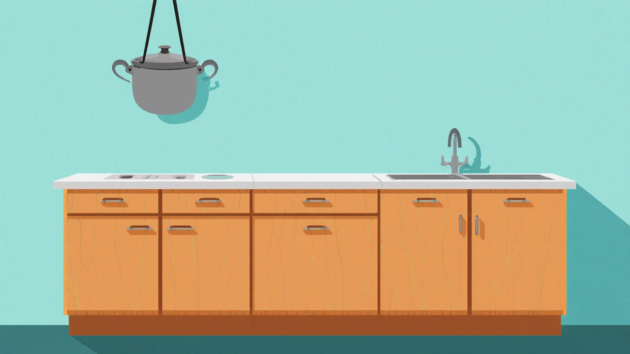 Минималистичная кухня с двумя шкафами и столешницей, без верхних шкафов и техники.