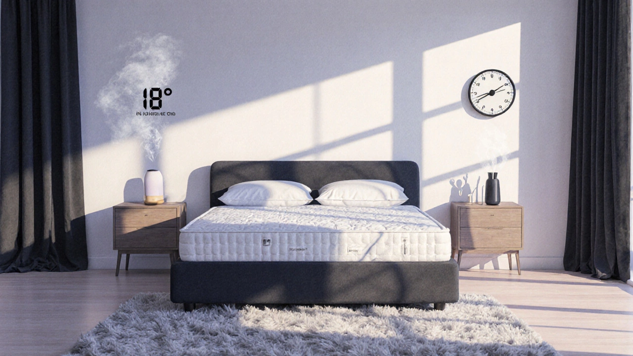 Минималистичная спальня с увлажнителем, аромадиффузором и отсутствием лишних предметов.