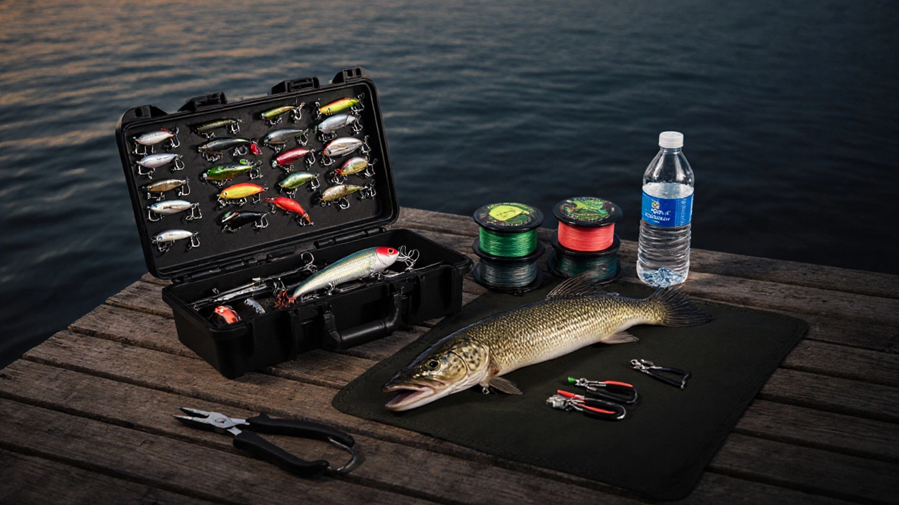 Открытая рыболовная сумка с приманками, леской и инструментами на деревянном причале при закате.