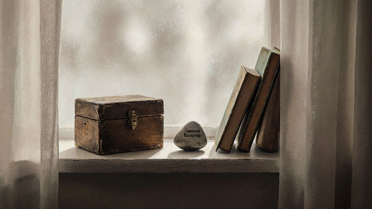 Полка с личными предметами: деревянная коробка, камень с Байкала и старая книга.