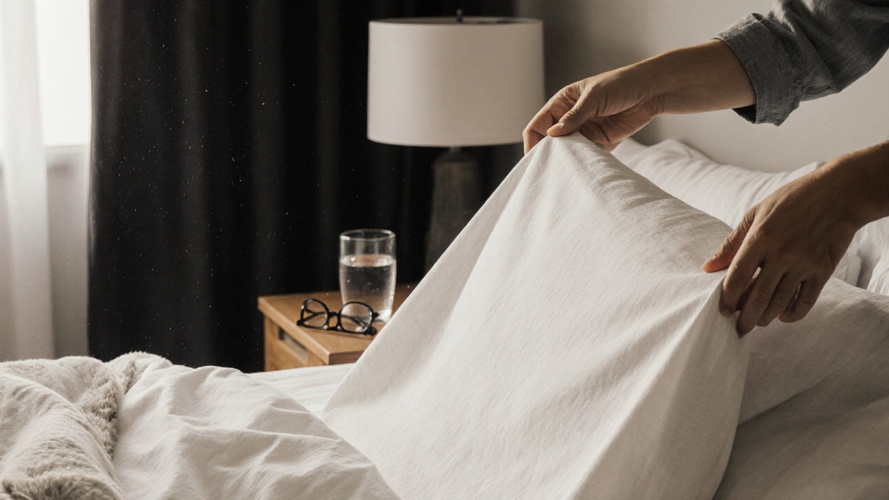 Руки расправляют постельное бельё из хлопка с тёплым светом и предметами на тумбочке.