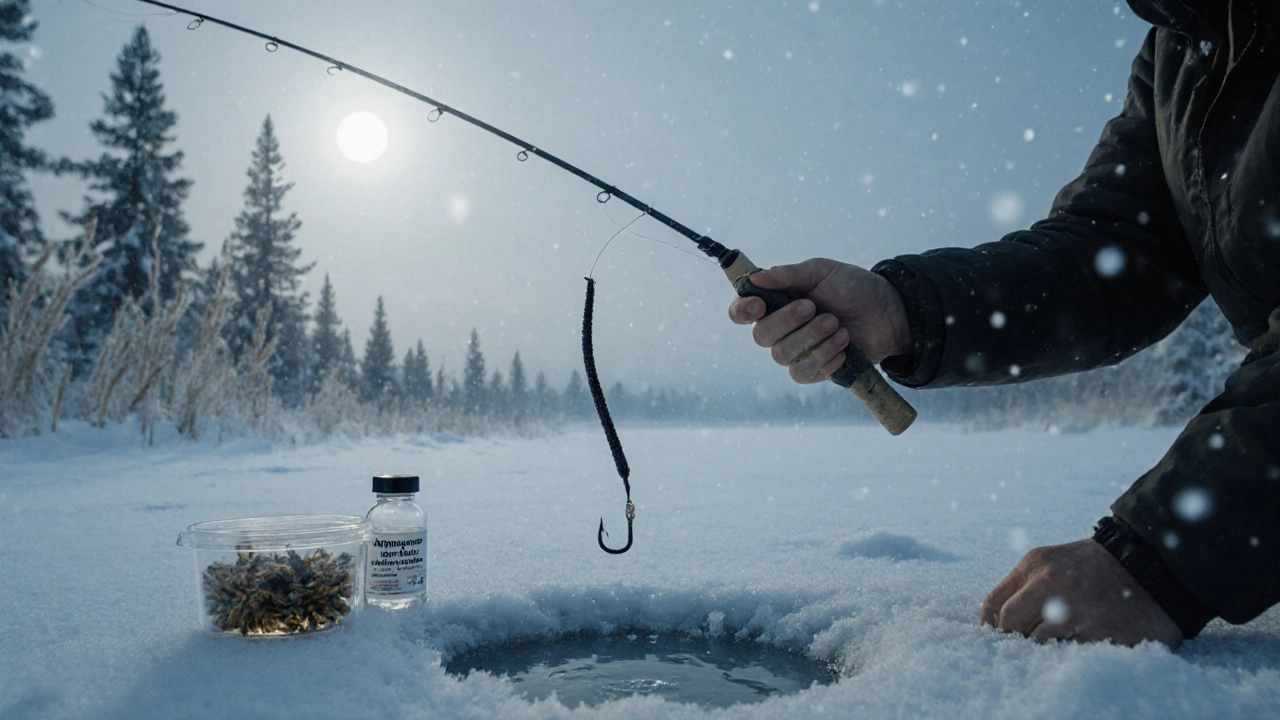 Рыбак ловит на силиконовую приманку в лунку на замерзшем озере в Сибири.