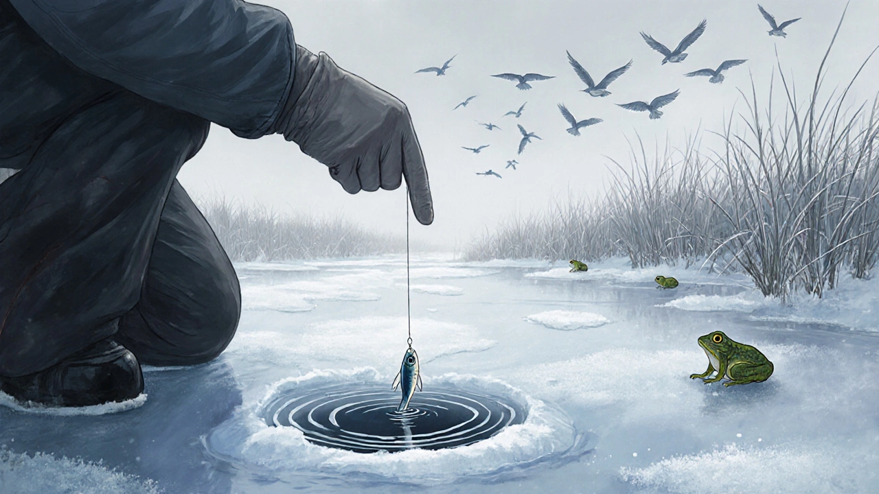 Рыбак опускает живца в лунку, птицы летят низко, лягушки кричат на фоне морозного берега.