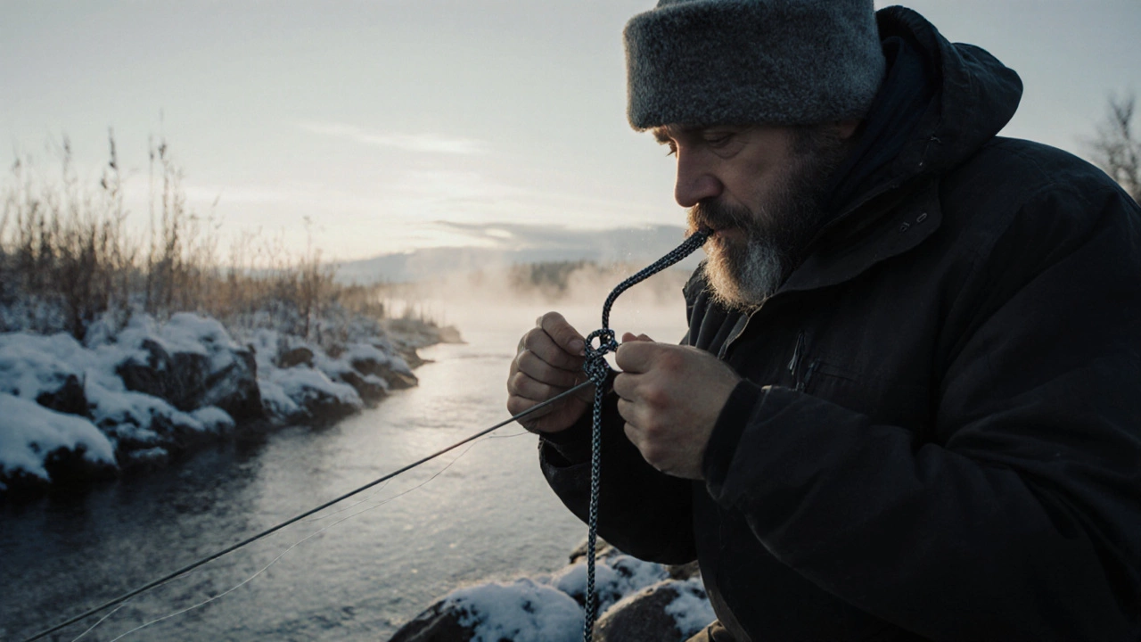 Рыбак в Сибири завязывает узел на плетеном шнуре, слегка смачивая его слюной на замерзшем берегу реки.