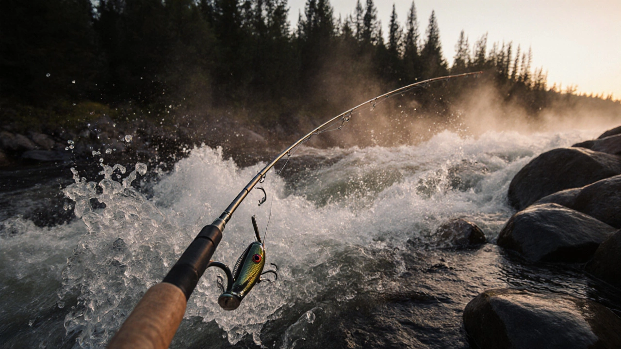 Рыбак забрасывает тяжёлую джиг-головку в бурлящую реку, узел Тирадс 3 виден у крючка.