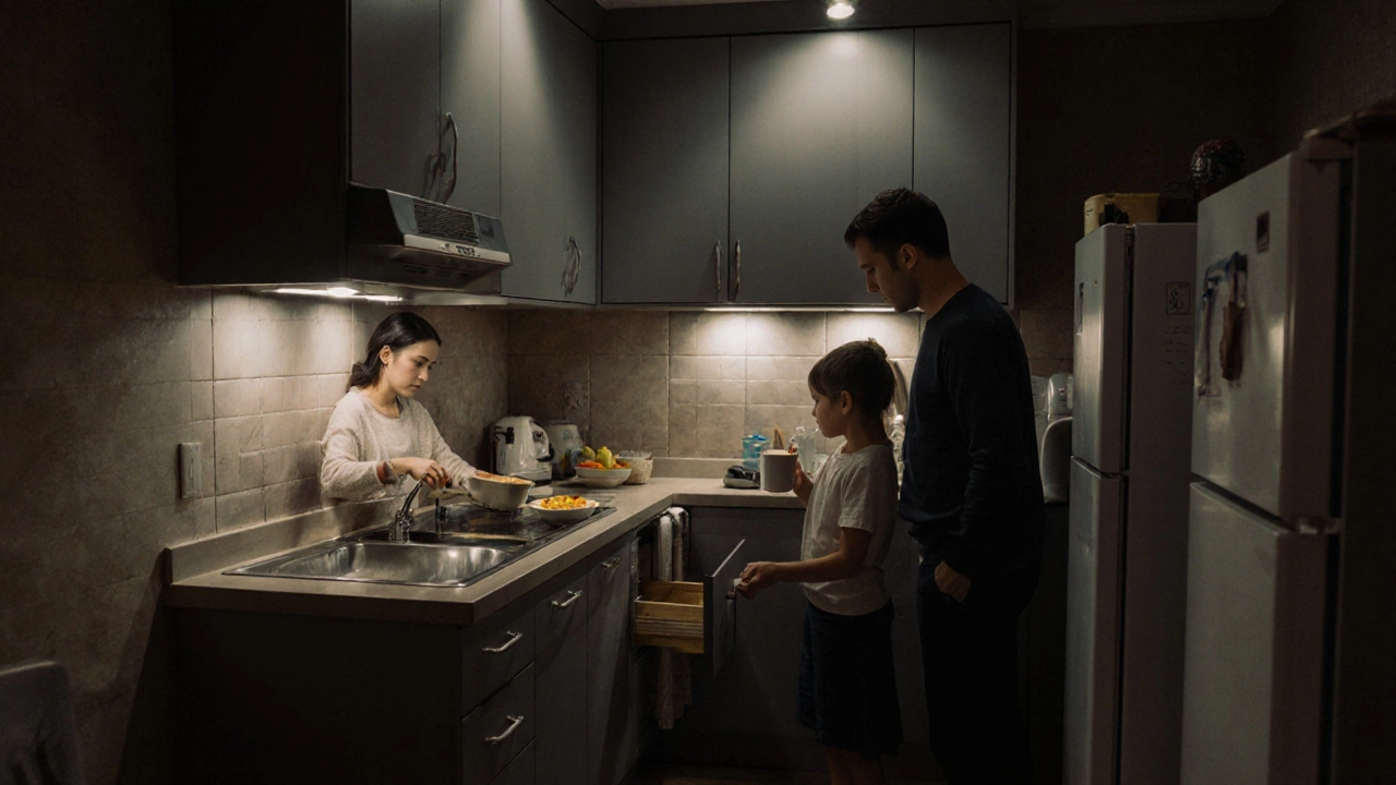 Семья готовит на угловой кухне: мойка в углу, холодильник вдоль стены, выдвижные ящики и светодиодное освещение.