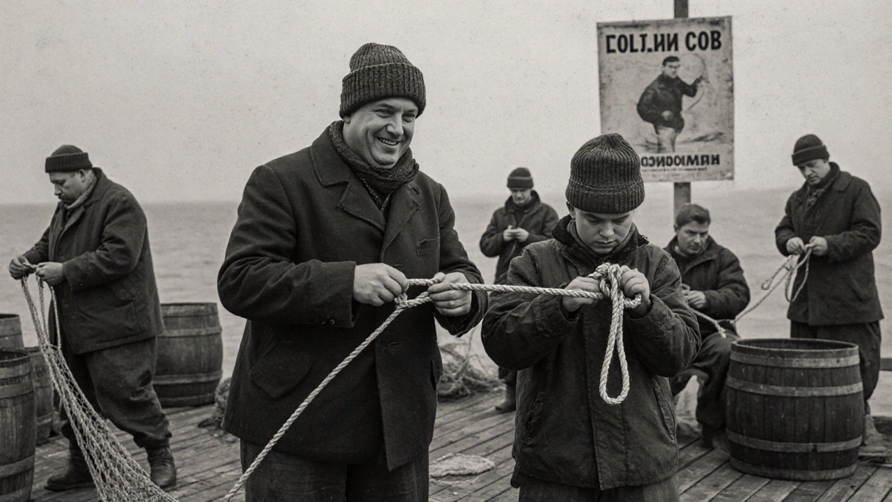 Советские рыбаки на деревянном причале: один показывает ненадежный узел, другой аккуратно вяжет новый.