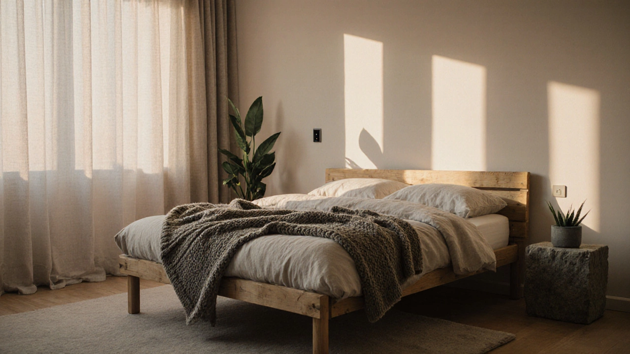 Спальня на рассвете с деревянной кроватью без изголовья, шерстяным пледом и растением на каменном столике.