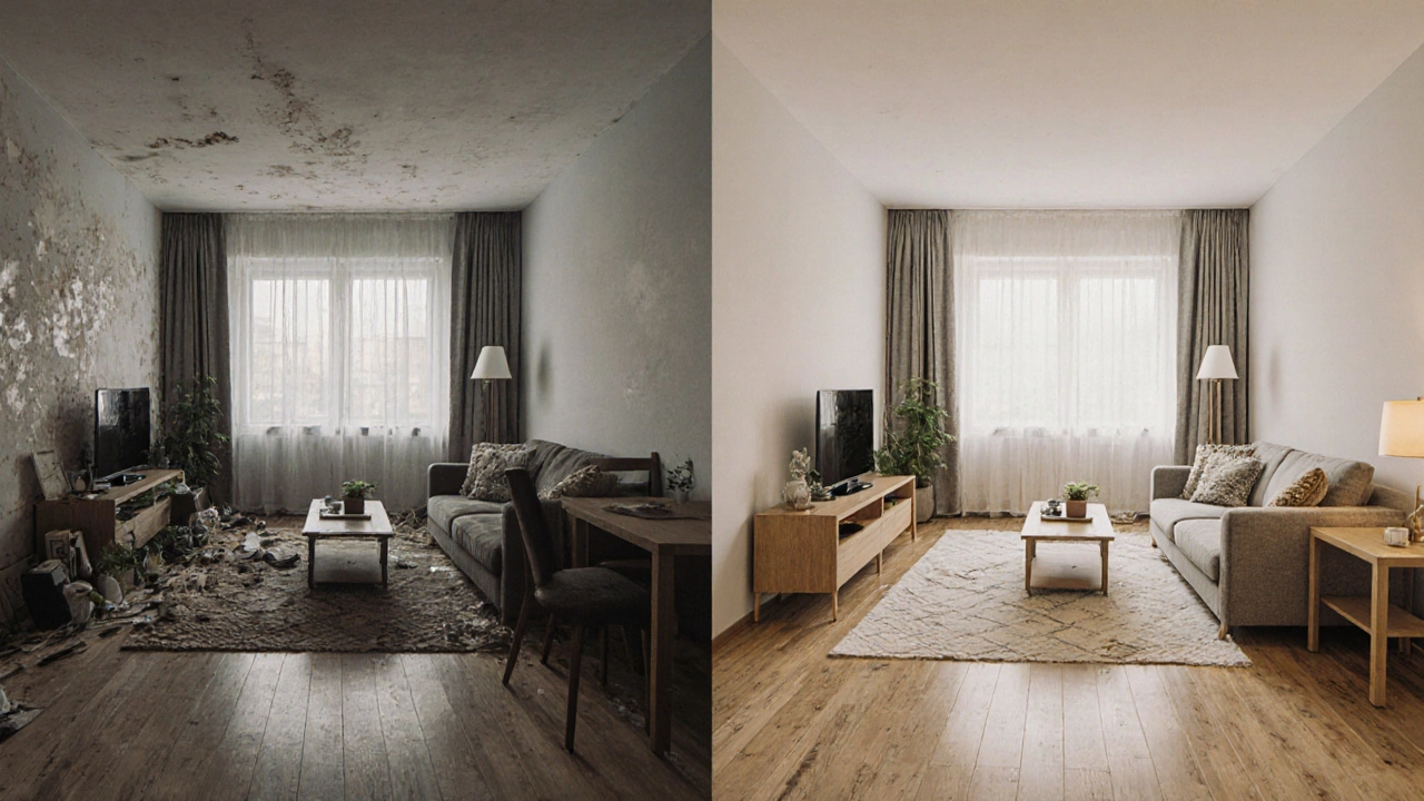 Сравнение до и после ремонта: хаотичное пространство и оптимизированный интерьер.