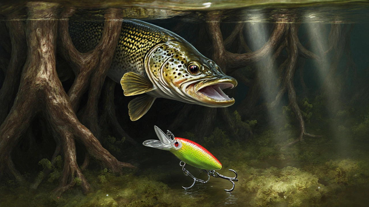 Щука затаилась среди коряг, наблюдая за медленно опускающейся силиконовой приманкой.