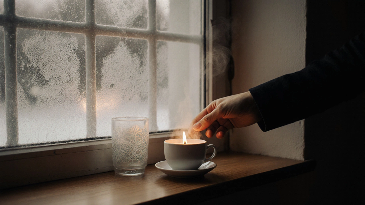 Свеча и чашка чая на подоконнике зимним вечером, за окном — иней.