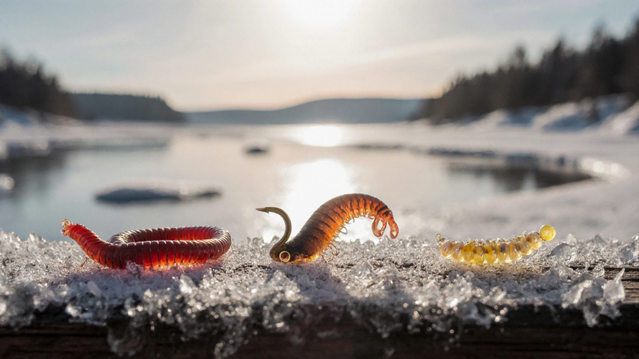 Три зимних наживки — мотыль, опарыш и икра — на ледяной поверхности.