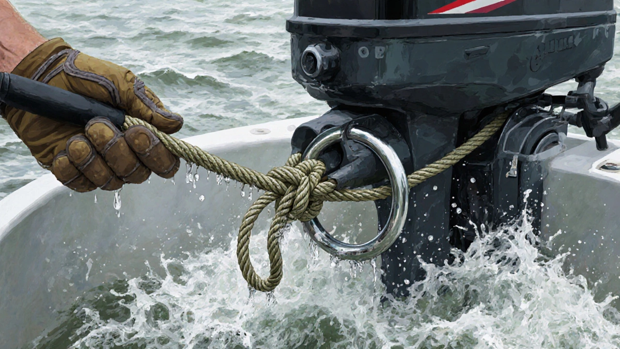 Узел восьмерка крепит мотор к лодке через металлическое кольцо на реке.