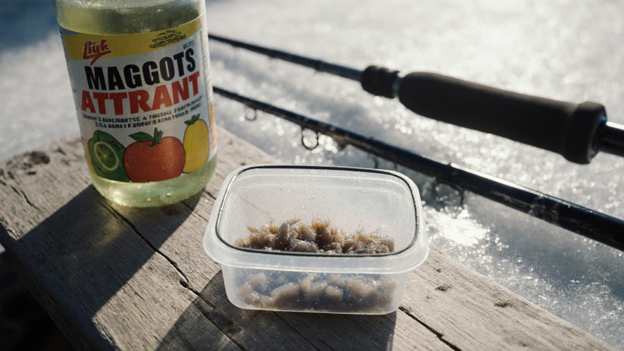 Запечатанный контейнер с опарышами рядом с бутылкой искусственного ароматизатора.