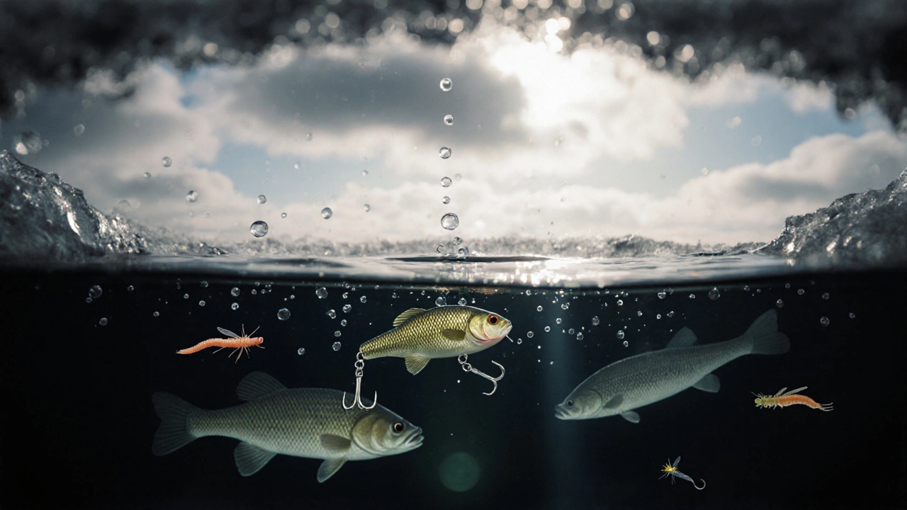 Зимняя мормышка в воде подо льдом, вокруг — естественные наживки, в глубине — силуэты рыбы.
