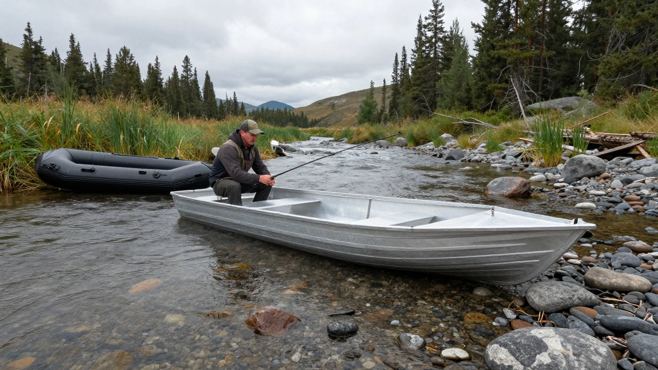 Алюминиевая шлюпка скользит по мелководью реки с камнями в Томской области.