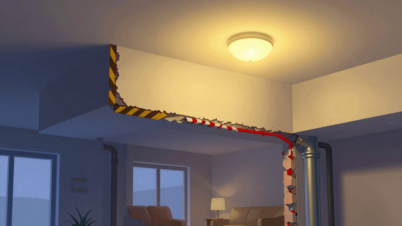 Архитектурный разрез дома: демонтаж несущей стены над жилой комнатой нижнего этажа, видны трубы и вентиляционные шахты.