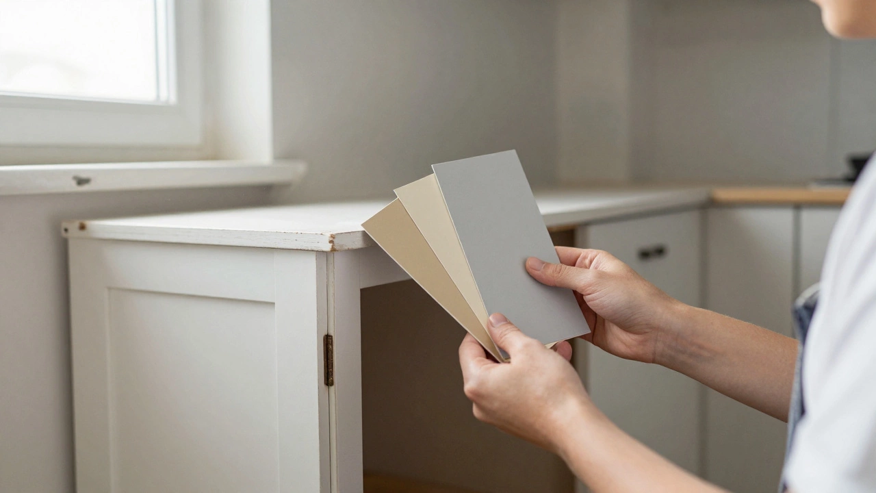 Человек выбирает цвет кухни, держа образец рядом со старой мебелью.