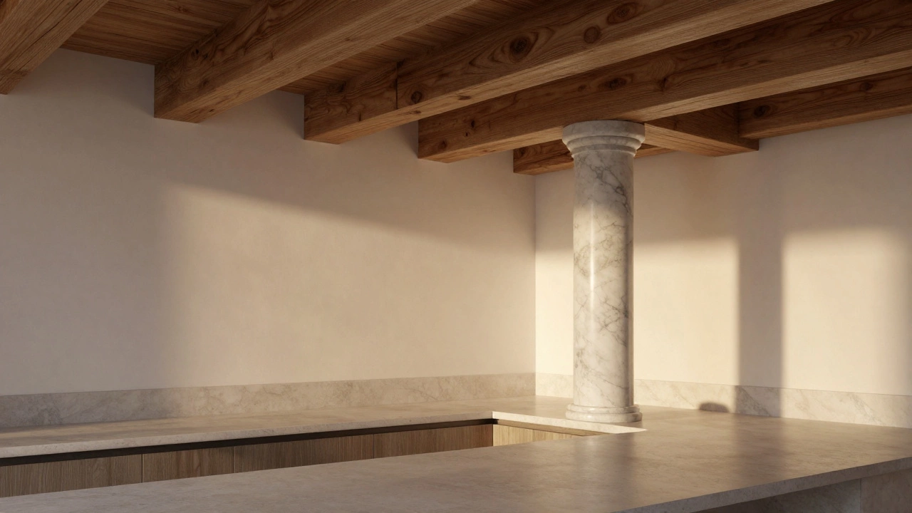 Декоративные деревянные балки на потолке кухни с теплым вечерним светом.