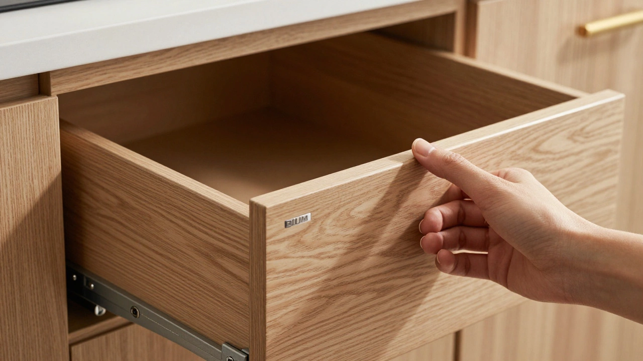 Деталь дорогостоящей фурнитуры Blum: ящик открывается без усилий, виден текстурированный массив дерева.