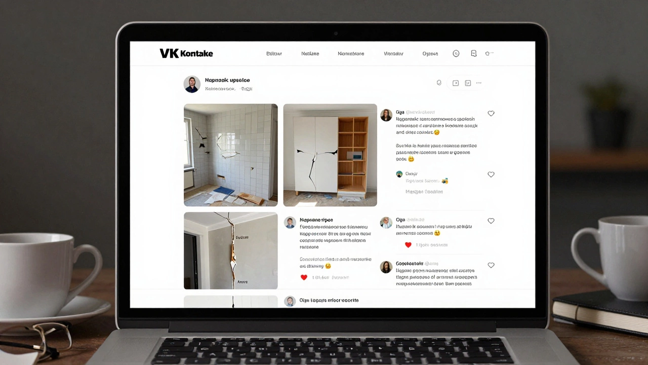 Экран ноутбука с реальными отзывами в закрытой группе ВК о ремонте в Томске.