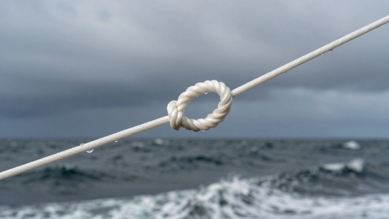 Идеально завязанный узел Грейпвайн на леске 0,35 мм, подвешенный над бушующим морем.