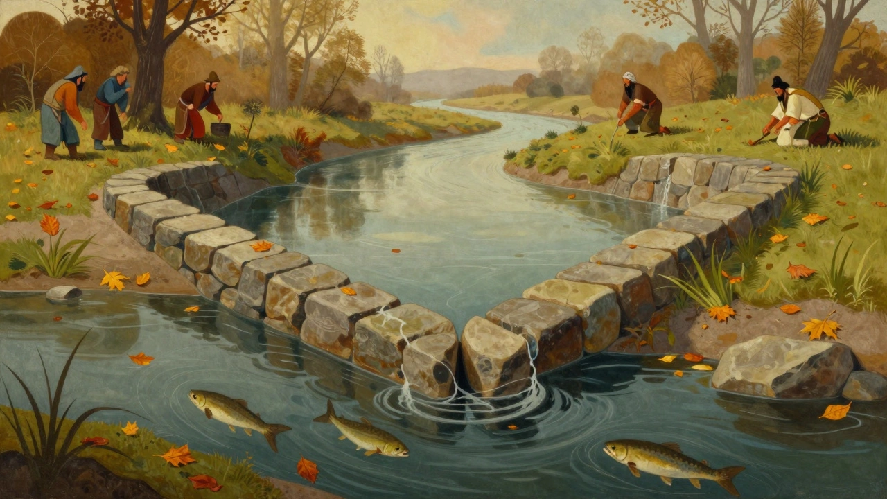 Каменная ловушка в реке направляет рыбу в узкий отсек для улова.