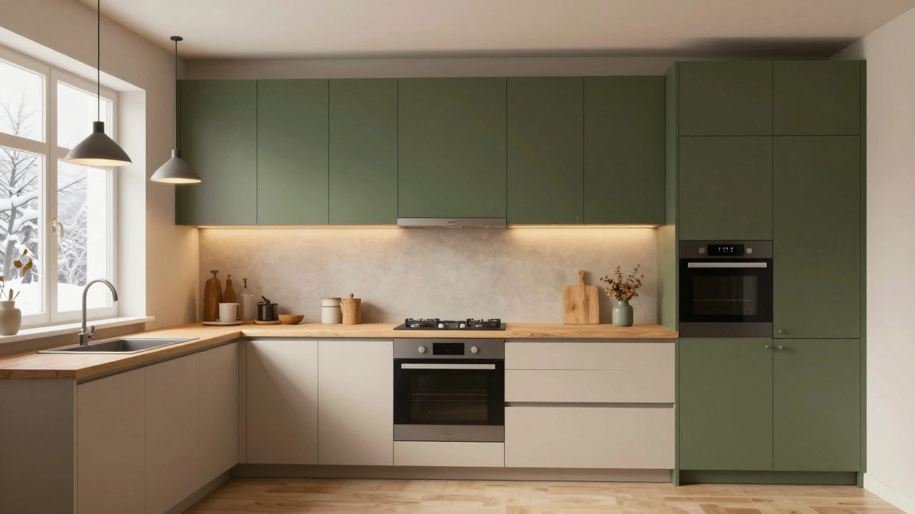 Кухня с темно-оливковыми шкафами и натуральным деревом, уютная и землистая.