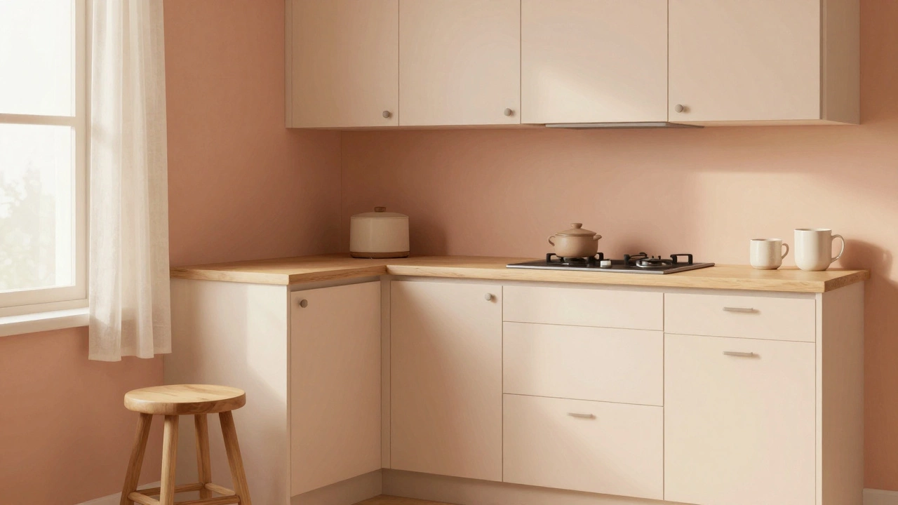 Маленькая кухня в тёплых персиково-бежевых тонах с деревянной мебелью и льняными шторами, ощущающаяся как уютный уголок.