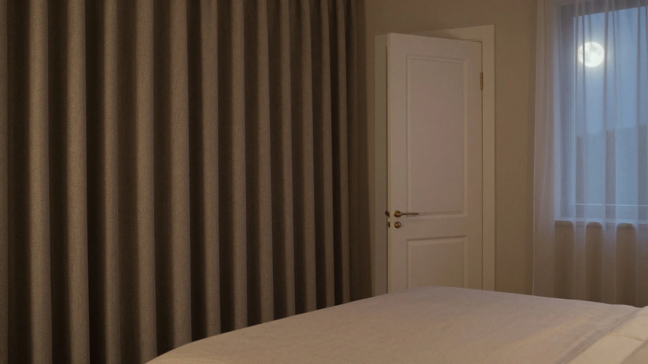 Между кроватью и дверью — шкаф и шторы, создающие визуальный барьер, тихий вечерний свет.