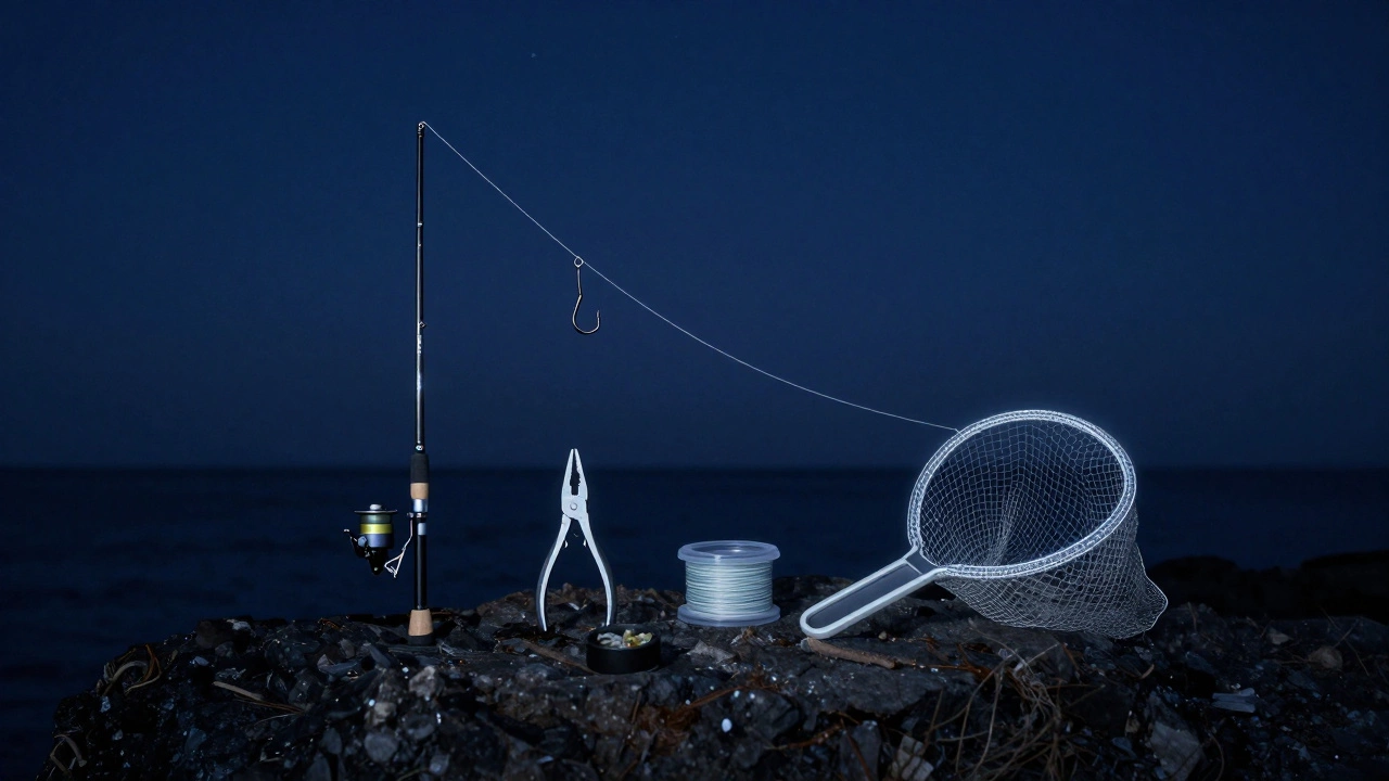 Минималистичный набор рыболовных снастей на каменистом берегу под лунным светом.